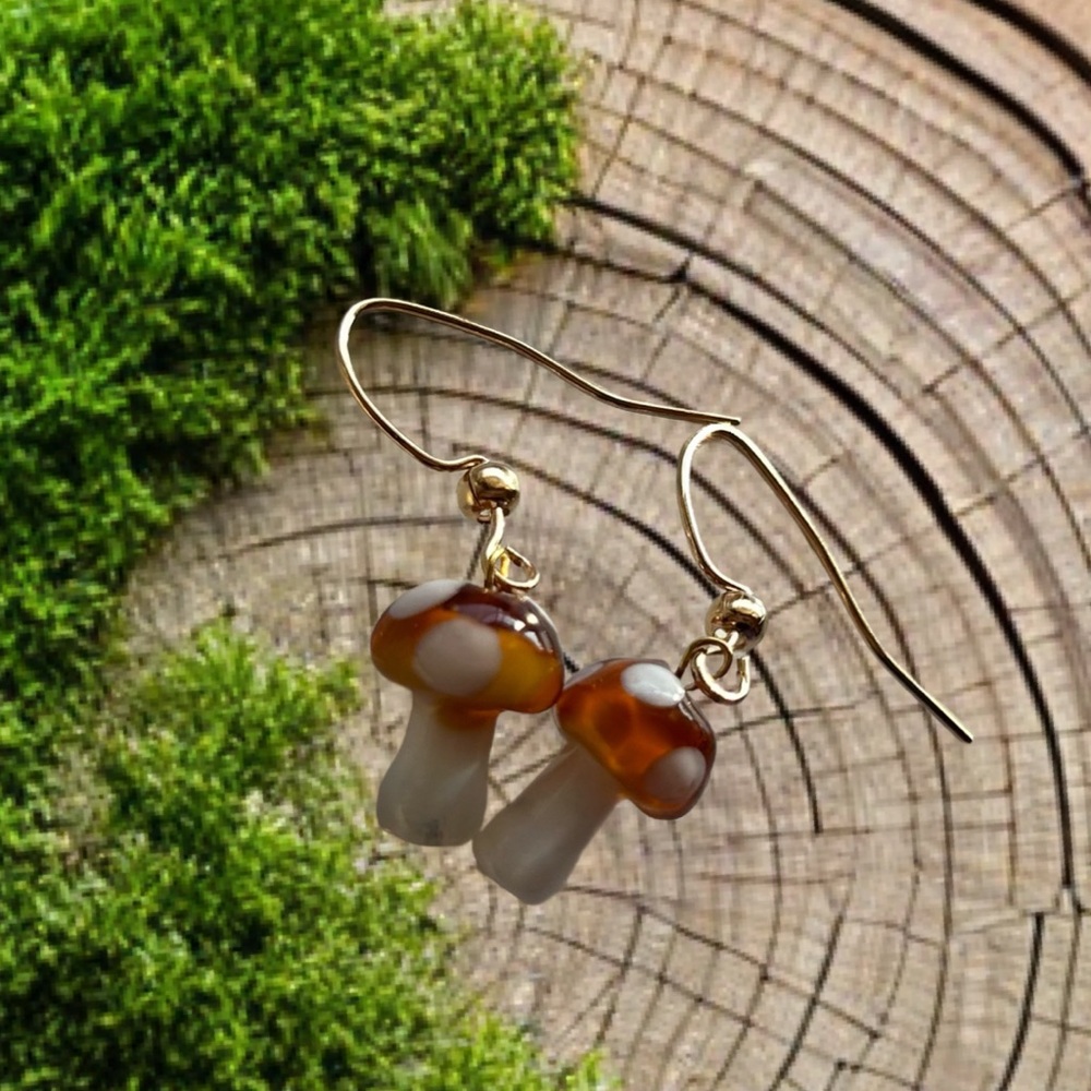 Honey‎ Brown and White Mushroom Earrings